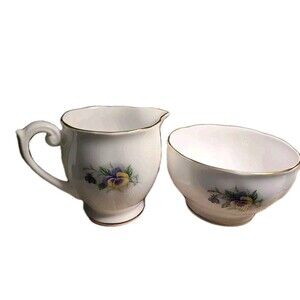 VTG Queen Anne England Bone china Purple Yellow Pansies Open Sugar Bowl Creamer